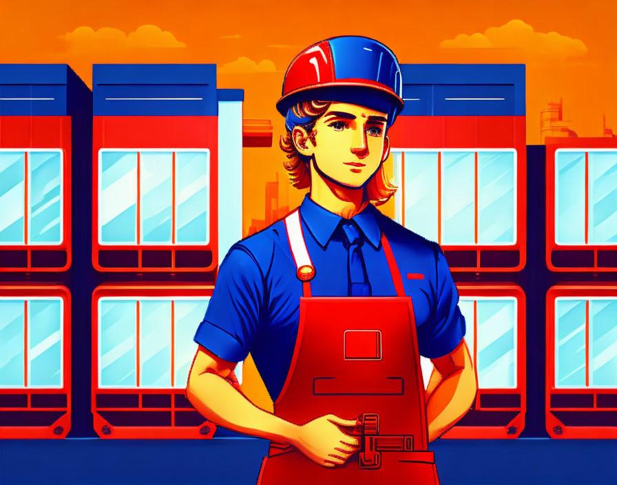 Confident worker in blue uniform and helmet with industrial machinery and orange skyline.