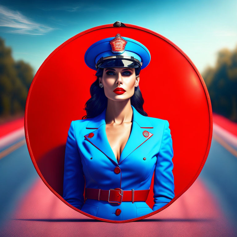 Vibrant blue uniform portrait with red background and road