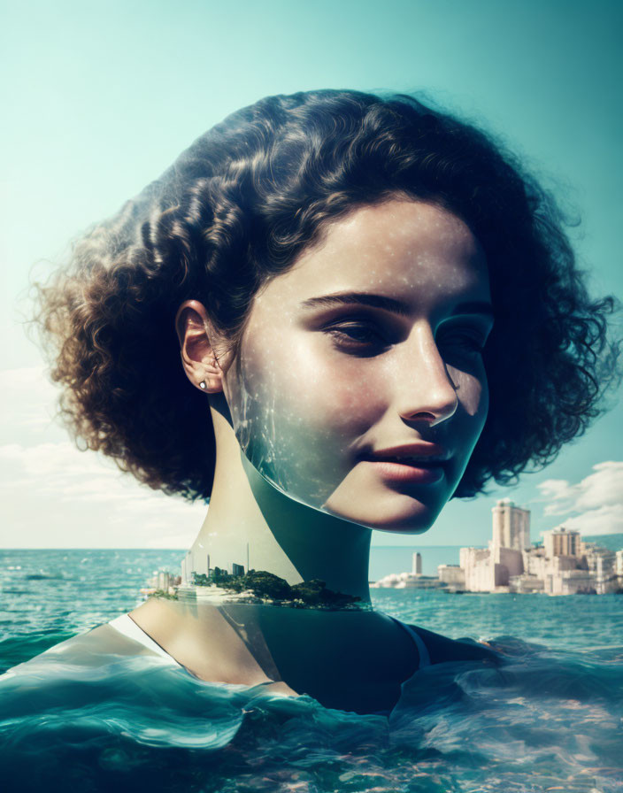 Surreal portrait blending woman's face with cityscape and ocean under blue sky