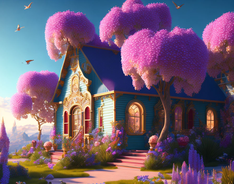 Blue Cottage with Golden Details Surrounded by Purple Trees and Birds