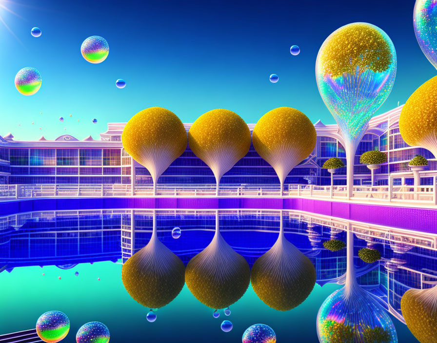 Colorful futuristic structures mirrored in tranquil water under a bubble-filled sky