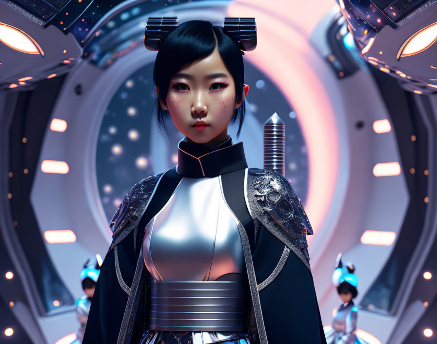 Futuristic portrait of woman with avant-garde hairstyle in metallic clothing