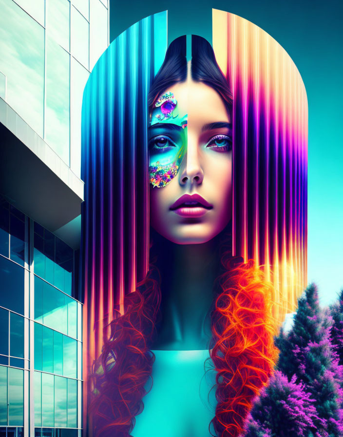 Colorful digital artwork: woman with flowing hair, surreal eye element, modern building backdrop