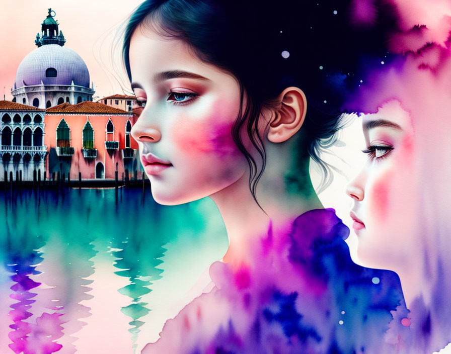 Digitally altered image: Girl's profile with watercolor effects on domed building background