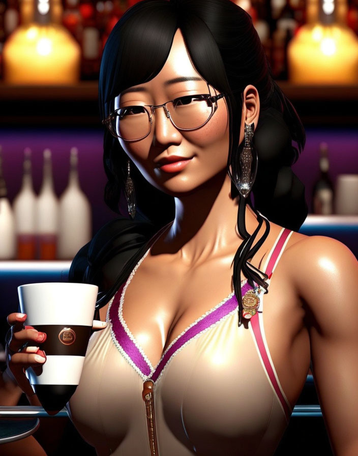 3D-rendered woman in swimsuit and glasses holding coffee cup at bar