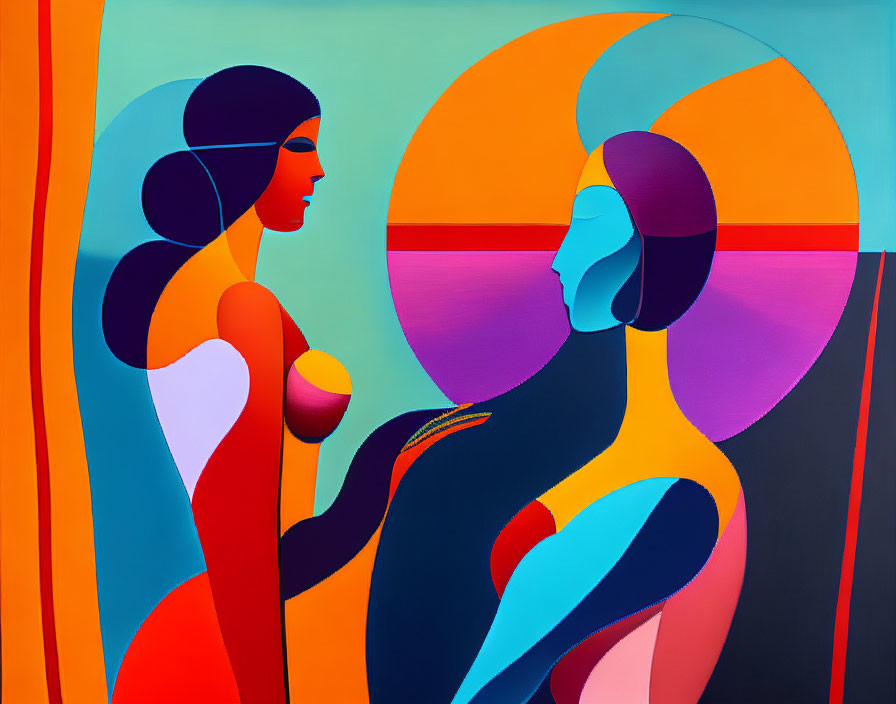 Stylized Figures in Vibrant Abstract Background