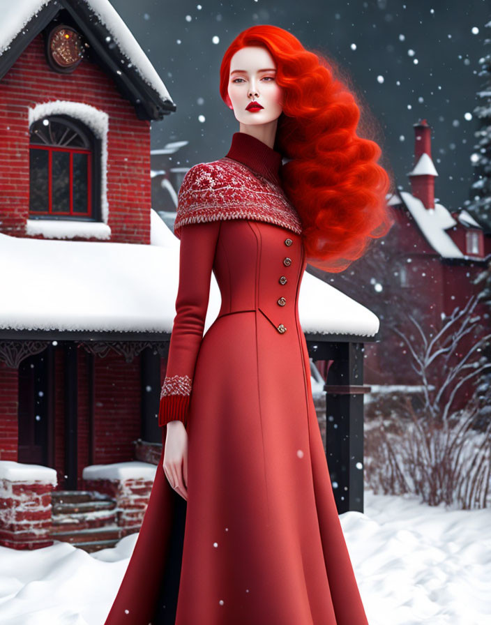 Stylized woman in red coat with flowing hair in snowy landscape