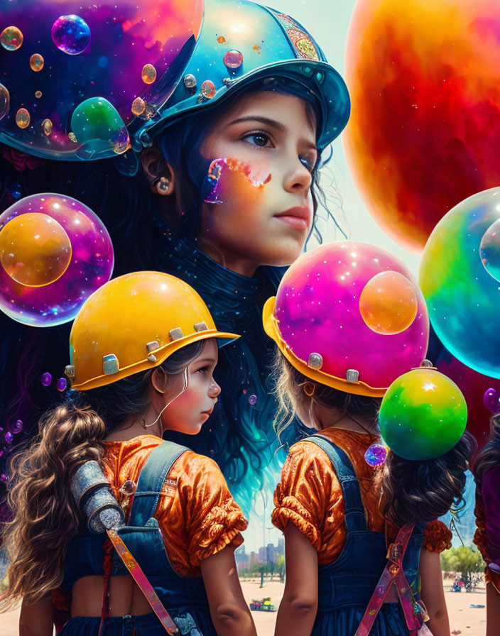 Three children in colorful bubble helmets against vibrant backdrop of iridescent bubbles