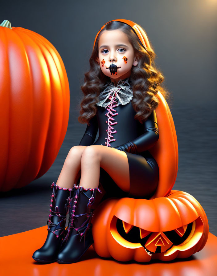 Young girl in black Halloween costume with painted face next to carved pumpkin on dark background