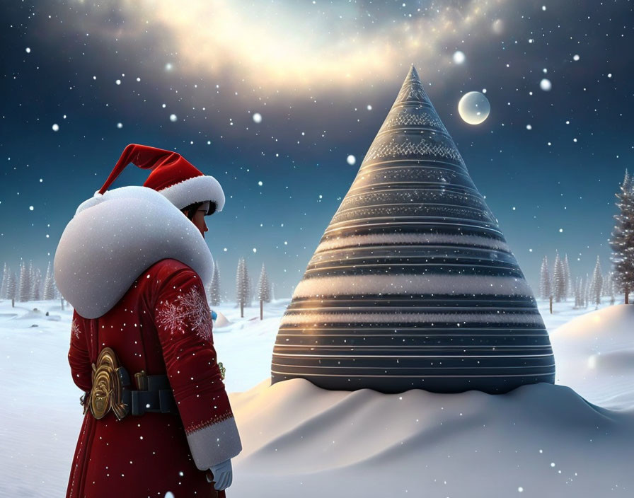 Santa Claus next to cone-shaped Christmas tree in snowy landscape