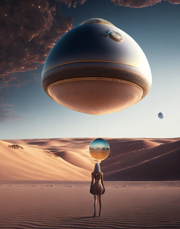 Person in desert gazes at giant ringed planet, moon, and smaller sphere