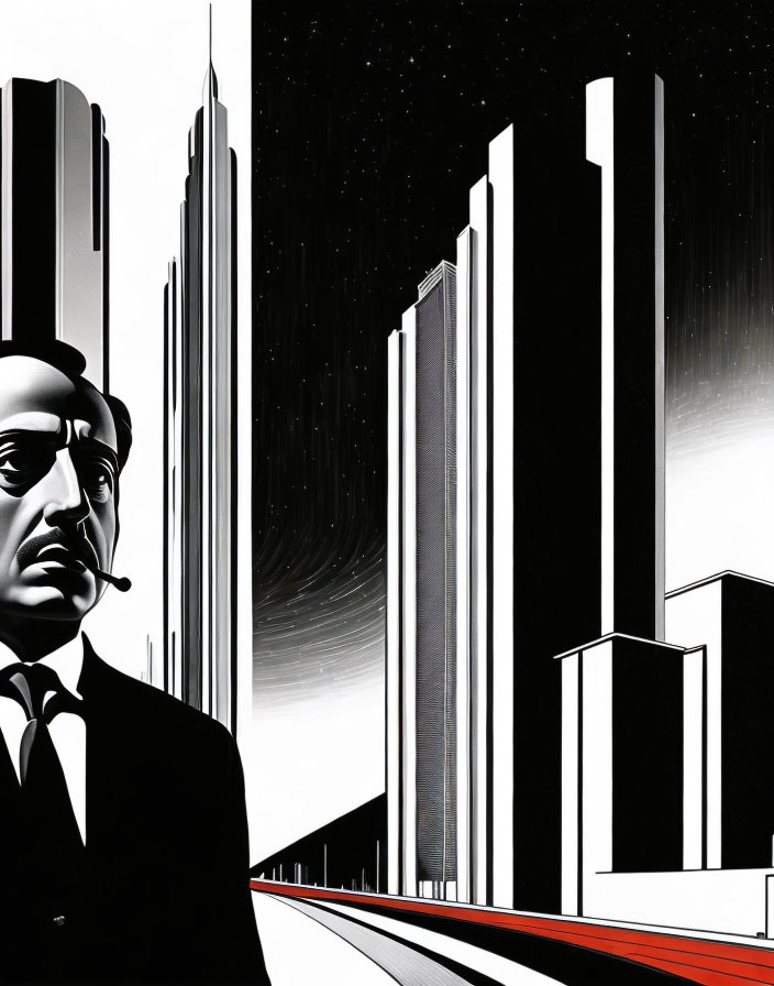 Monochromatic Art Deco-style illustration of man with cigarette and skyscrapers under starry sky