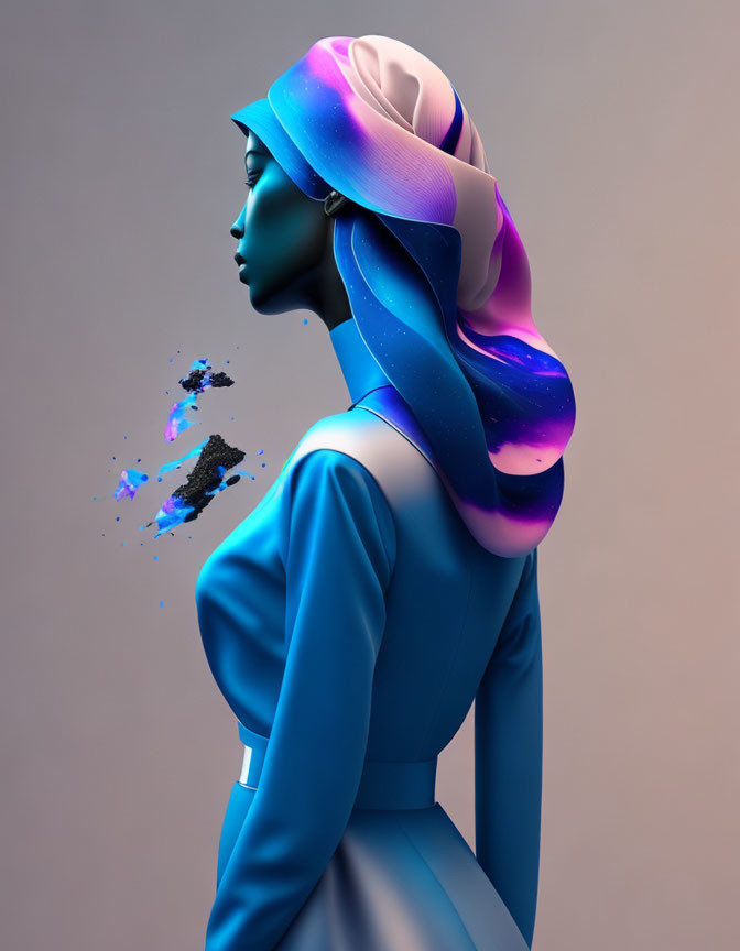 Surreal digital artwork: Woman with cosmic texture headscarf & fragmented profile