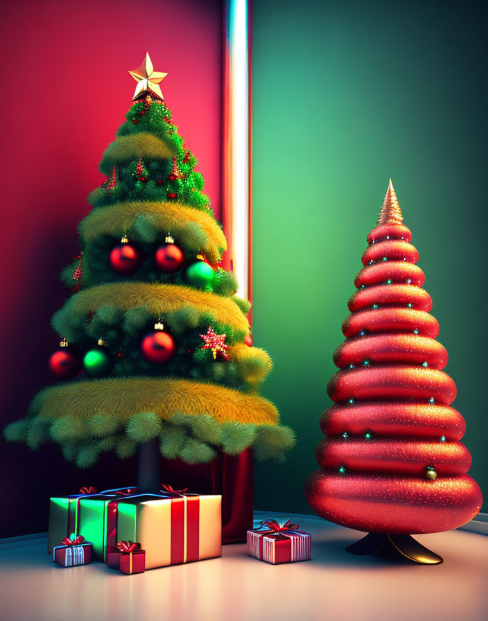 Traditional vs. modern Christmas tree comparison with red ornaments and presents