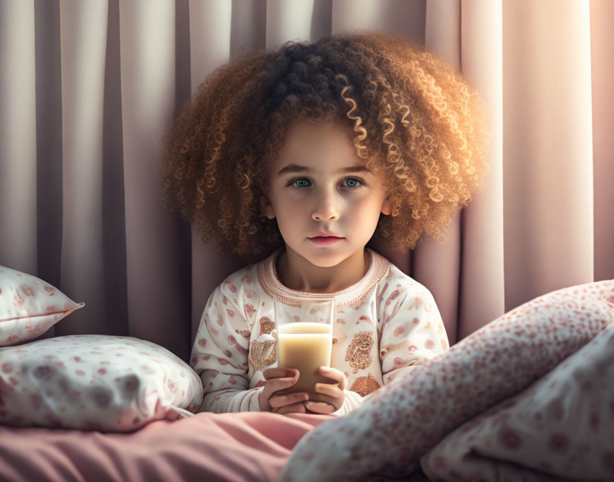 Curly-Haired Child with Milk Glass Among Pillows and Curtains