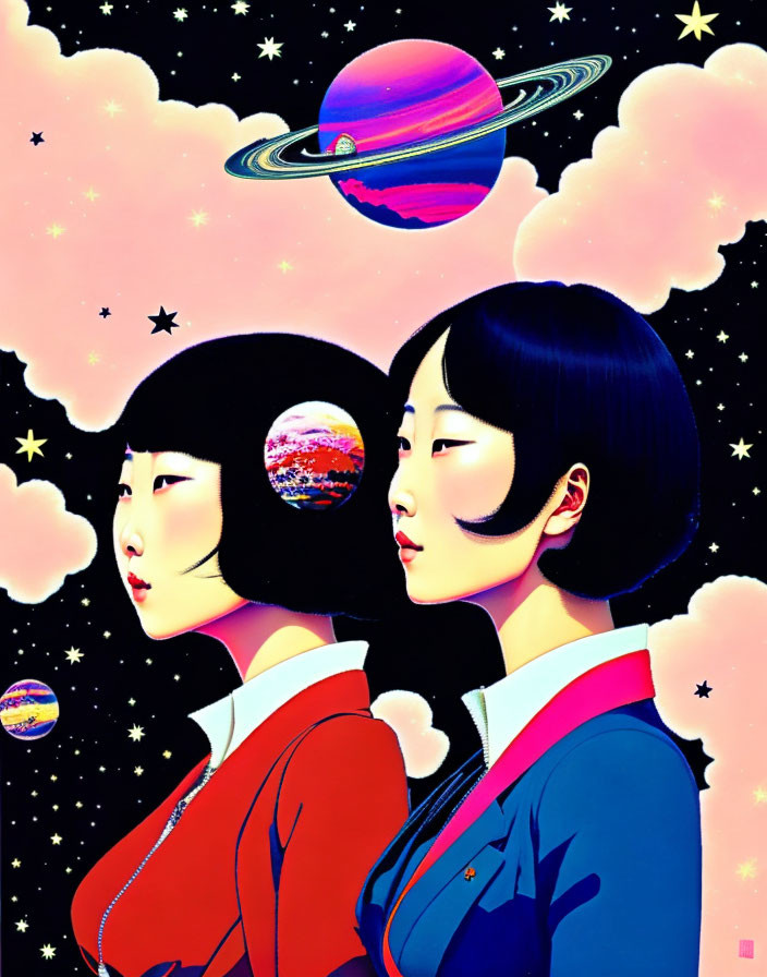 Stylized women with dark hair in cosmic setting.