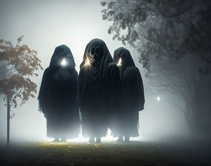 Mysterious Figures in Black Cloaks with Glowing Eyes in Foggy Park