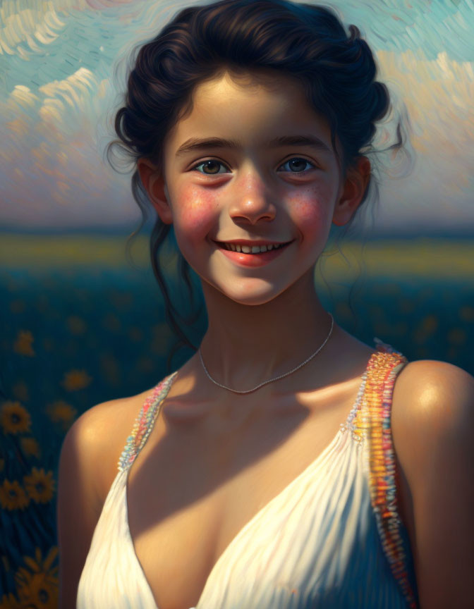 Digital painting of smiling girl in sunflower field under swirling sky