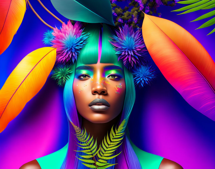 Vibrant portrait of a woman with colorful makeup, neon hair, tropical feathers.