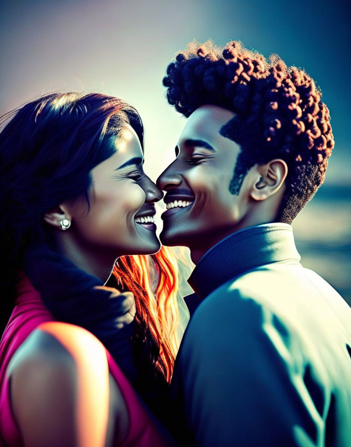 Smiling couple in intimate moment, man in jacket, woman in pink top