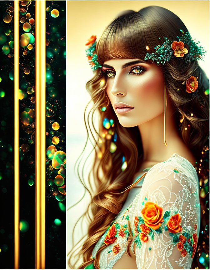 Detailed Illustration: Woman with Long Wavy Hair, Green Eyes, Floral Headpiece, Lace Gar