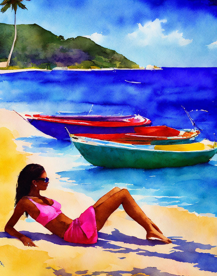 Woman in pink swimsuit on sunny beach with colorful boats and palm tree