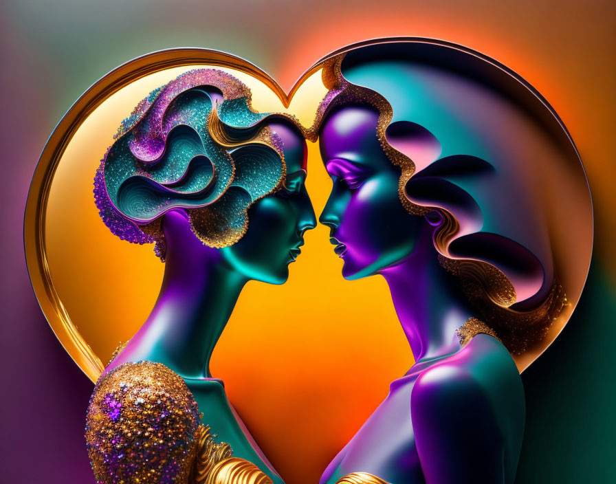 Stylized female figures in heart shape against colorful backdrop