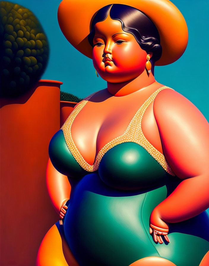 Colorful Illustration of Voluptuous Woman in Green and Blue Swimsuit