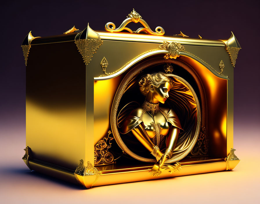 Golden chest with intricate designs and embossed classical female figure spotlighted.