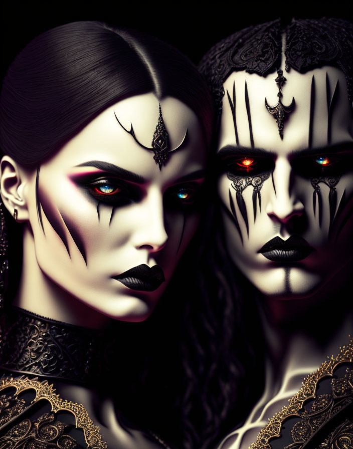 Two individuals in striking gothic makeup and black and gold attire.