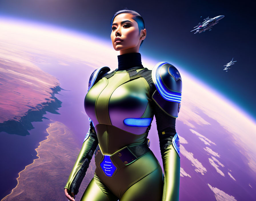 Futuristic digital artwork of woman in space suit with planet and spaceships.