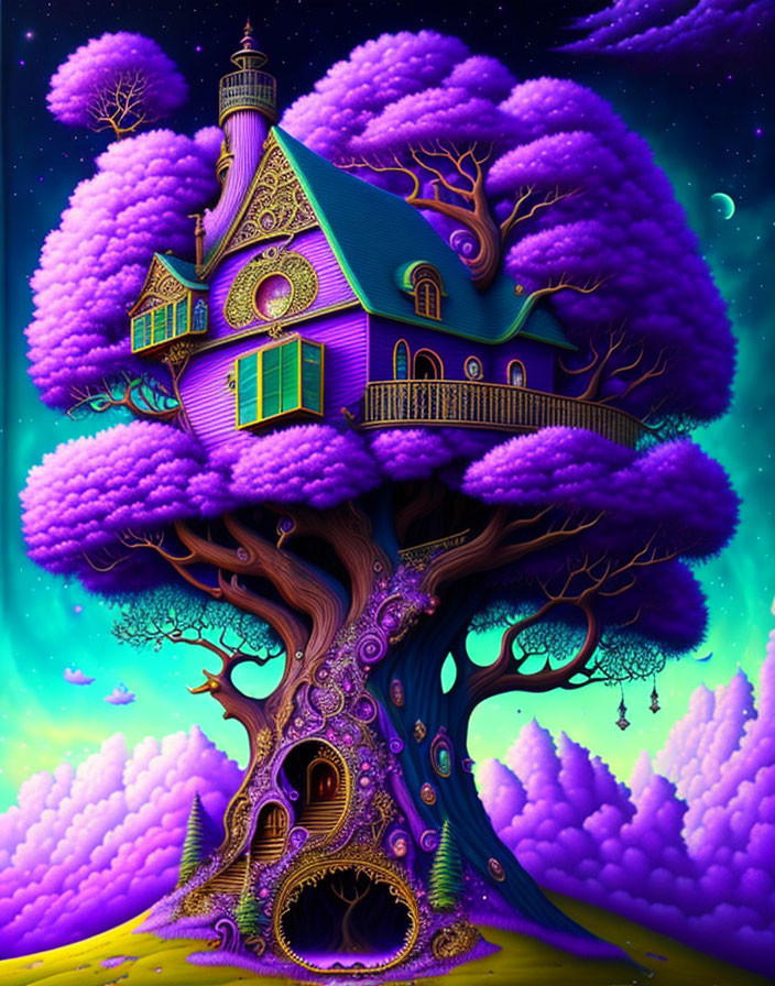 Vibrant purple tree supporting fantasy house under crescent moon