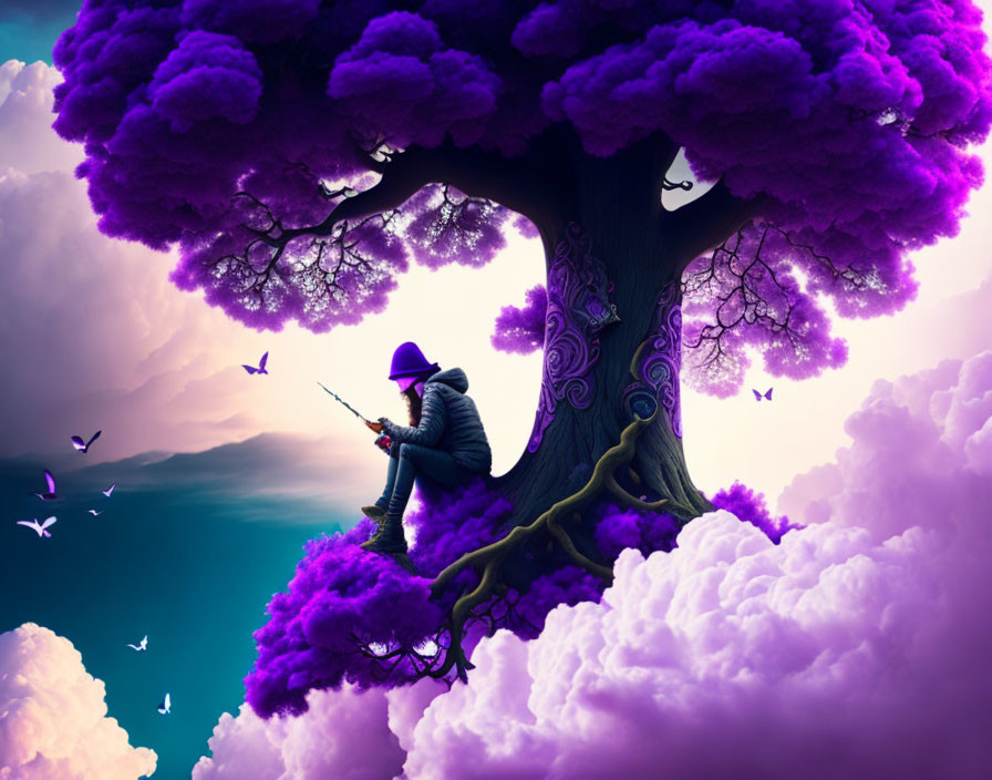 Person in hat plays flute on purple tree branch above clouds in dreamlike sky