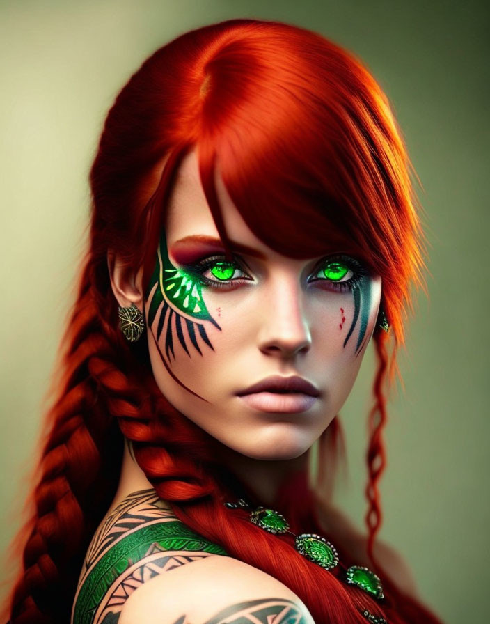 Digital portrait of woman with green eyes, red braided hair, and tribal makeup