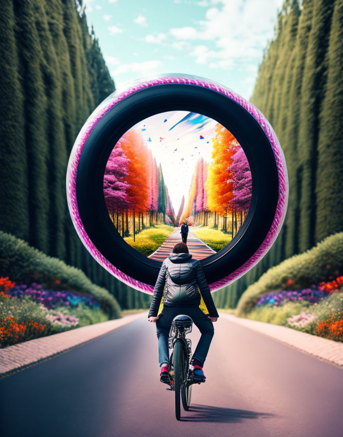 Cyclist approaching vibrant circular portal in lush landscape