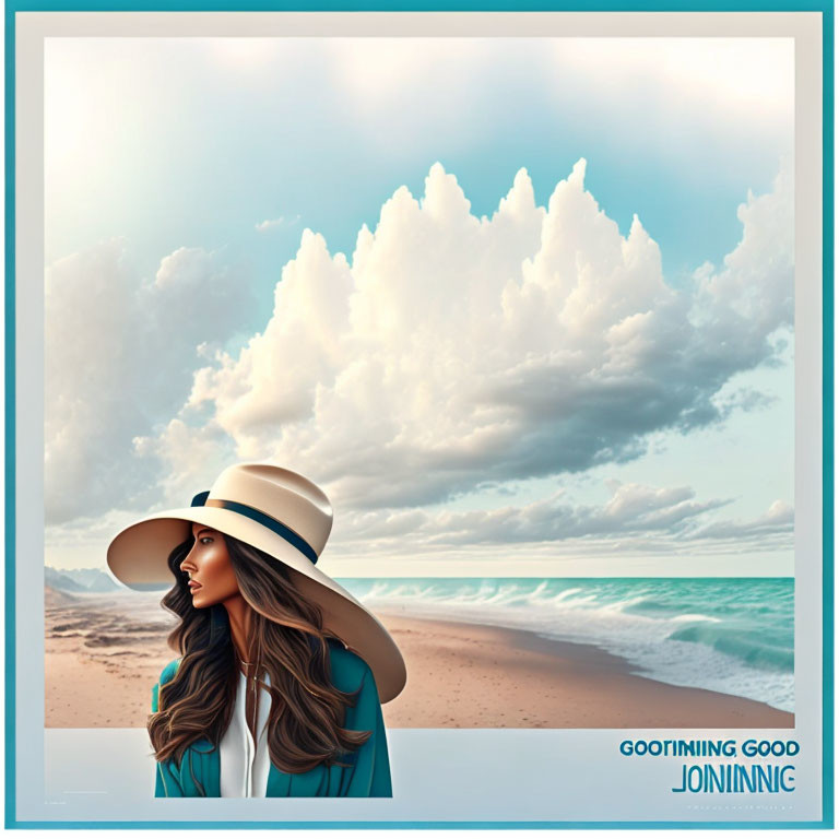 Woman in wide-brimmed hat admires serene seascape