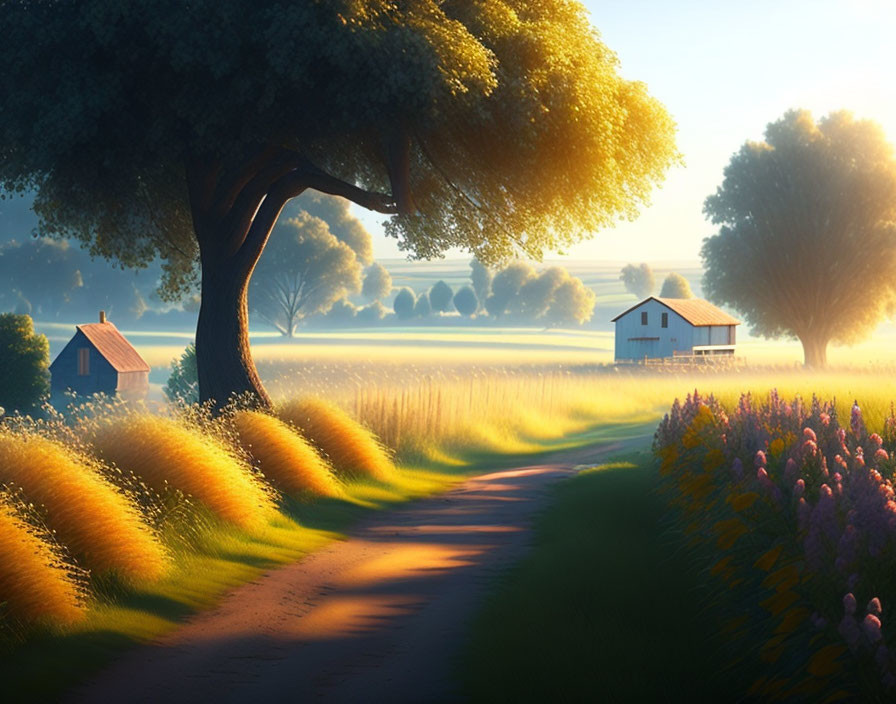 Tranquil sunrise countryside landscape with golden path, small house, lush fields, and tree shadow.