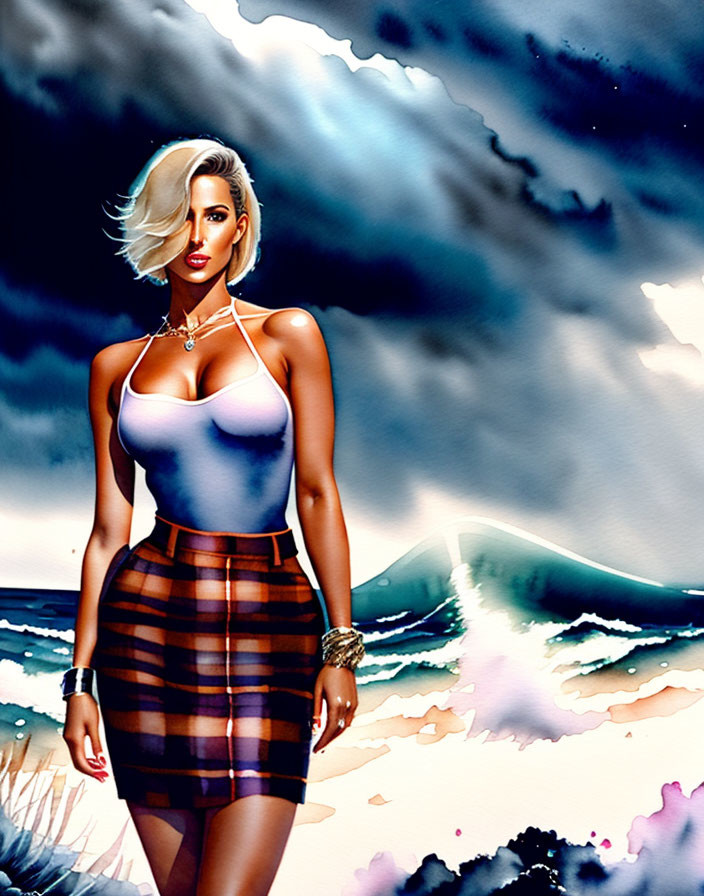 Blonde woman in white tank top and striped skirt on stormy beach