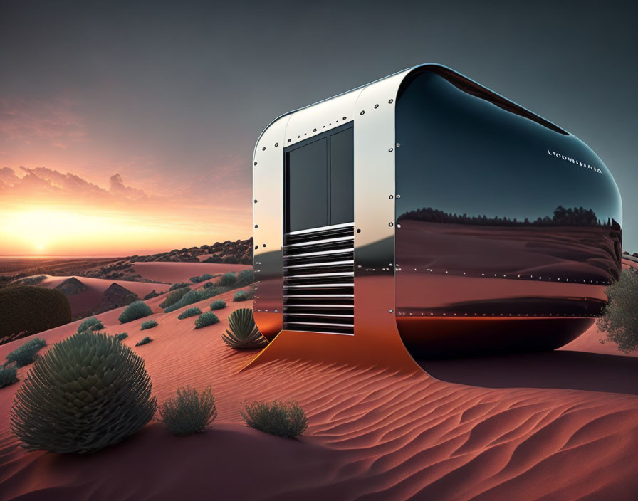 Sleek futuristic trailer in desert sunset with dune vegetation