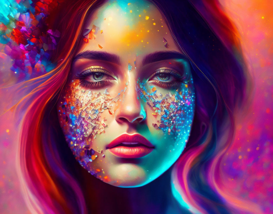 Colorful cosmic patterns merge with woman's face in digital portrait