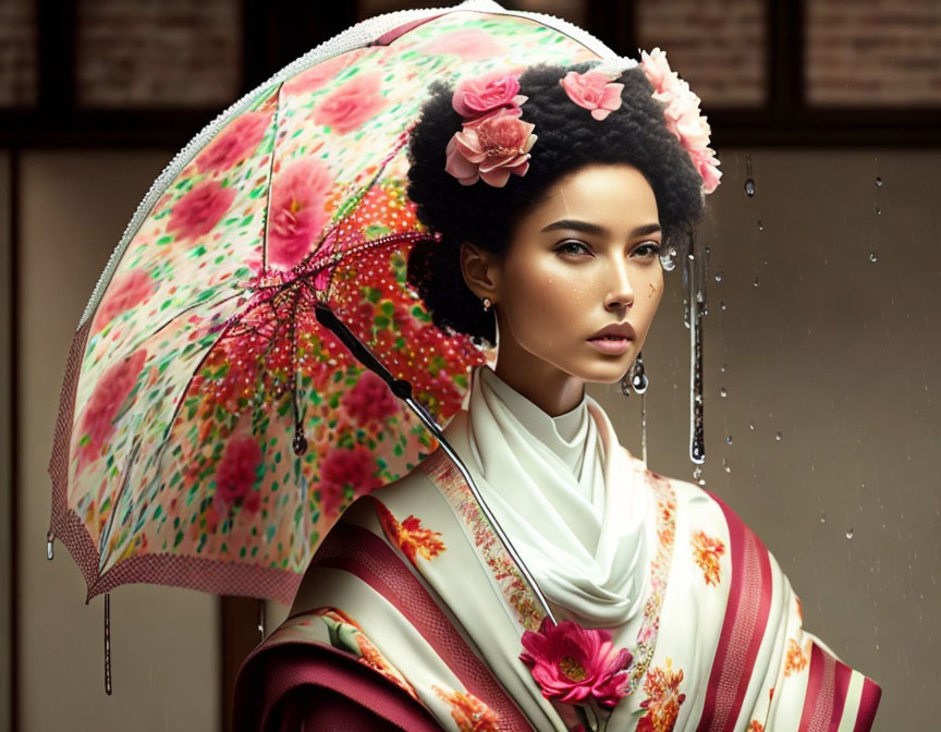 Woman with floral hair, umbrella, and traditional dress in rain.