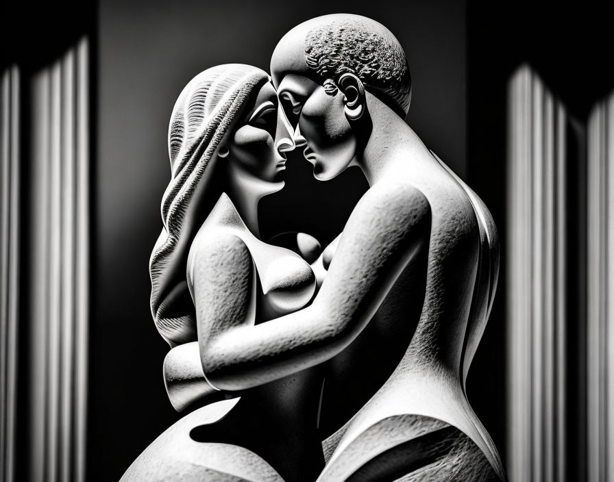 Monochrome art: Two figures in dance pose, striped background
