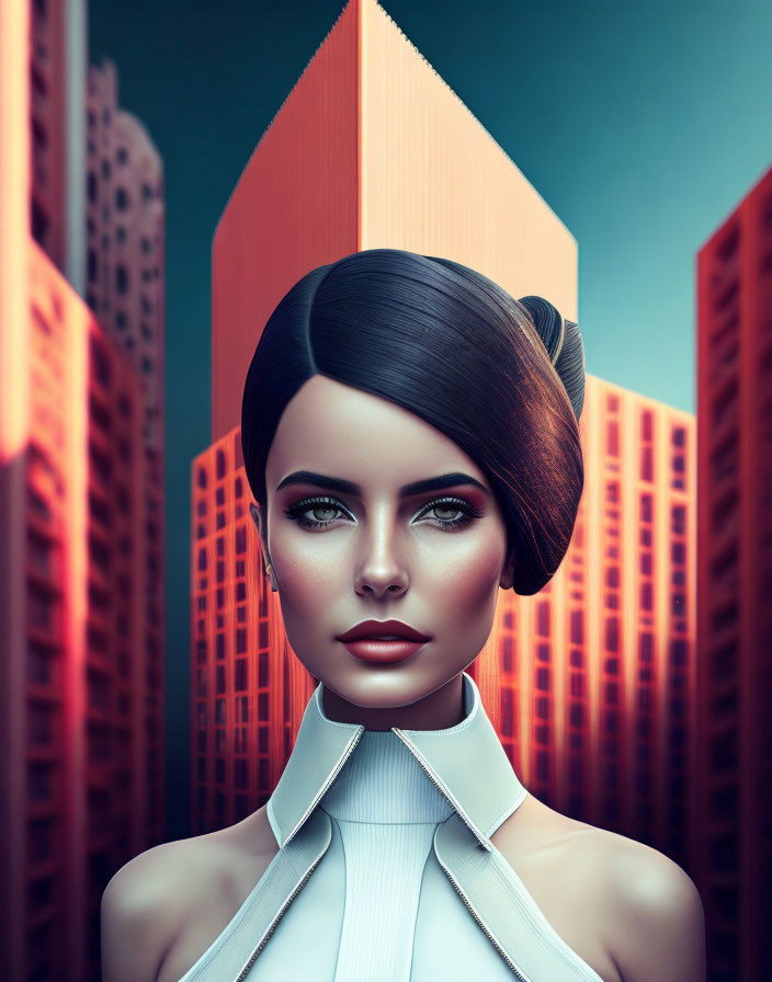 Surreal digital portrait of a woman with sleek hair and bold makeup against red buildings and teal sky