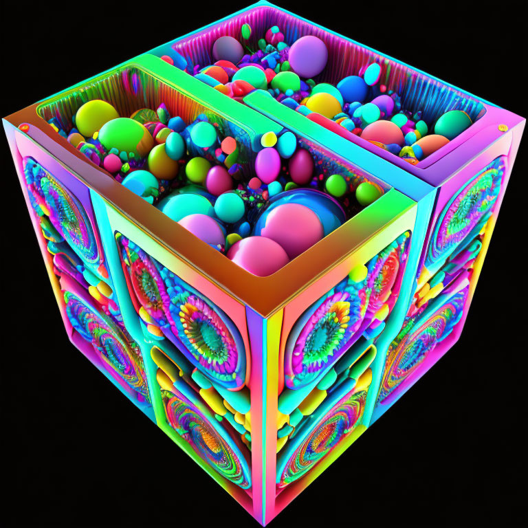 Colorful Fractal Cube with Intricate Patterns and Nested Spheres