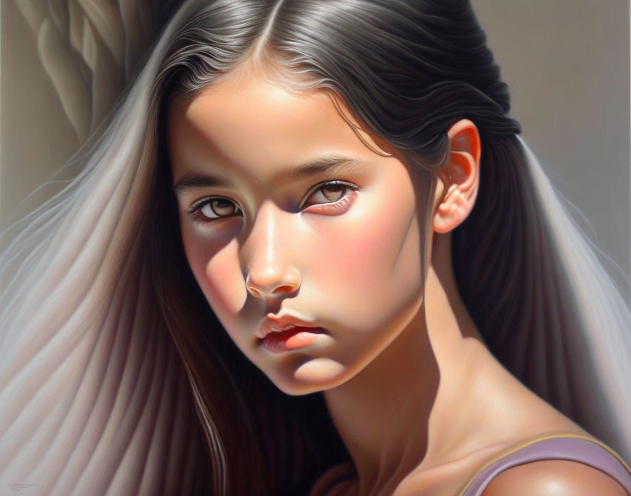 Detailed portrait of young girl with flowing hair and intense gaze in soft light