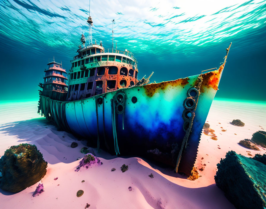 Sunken shipwreck on sandy ocean floor with marine growth in blue-green sea.