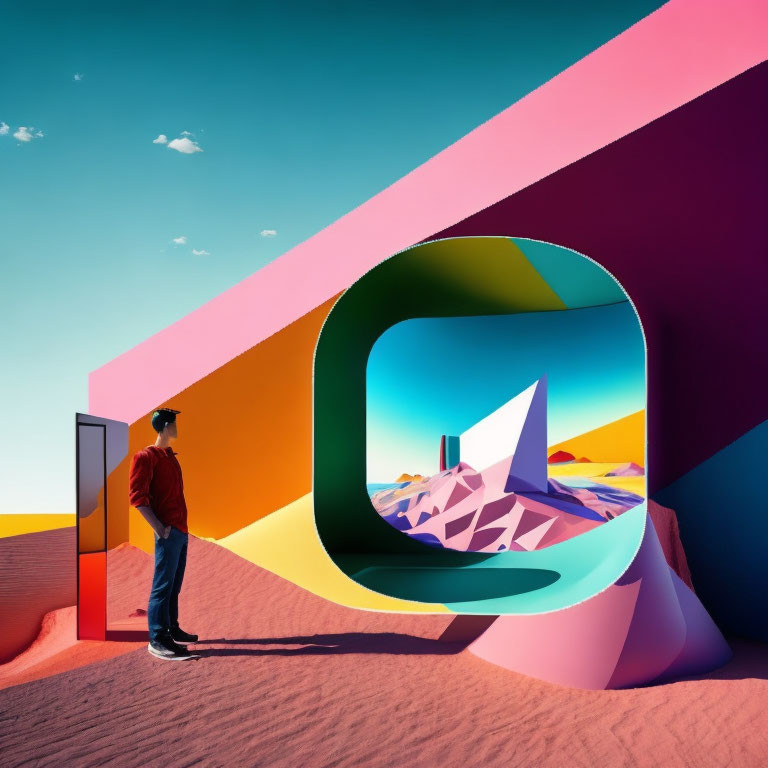 Man standing before surreal colorful structure with portal view to geometric landscape