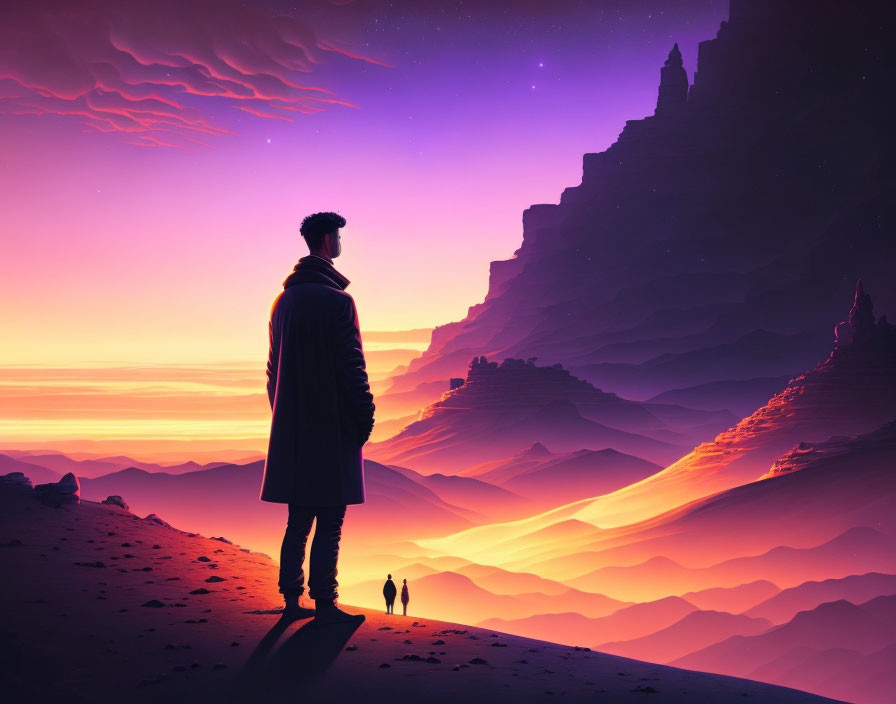 Contemplative person in surreal purple landscape with towering cliffs