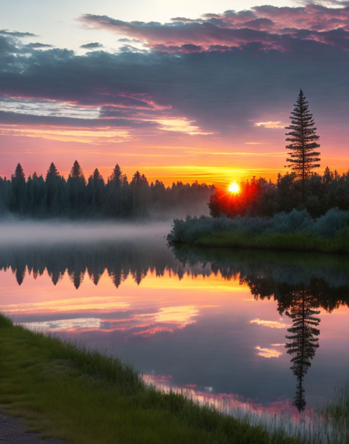 Serene sunrise over calm lake with vibrant hues and silhouetted trees