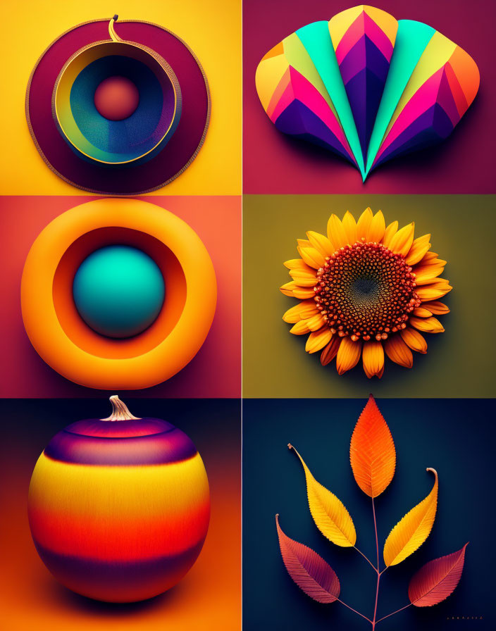 Six vibrant images: 3D shapes, sunflower, onion, colorful leaves